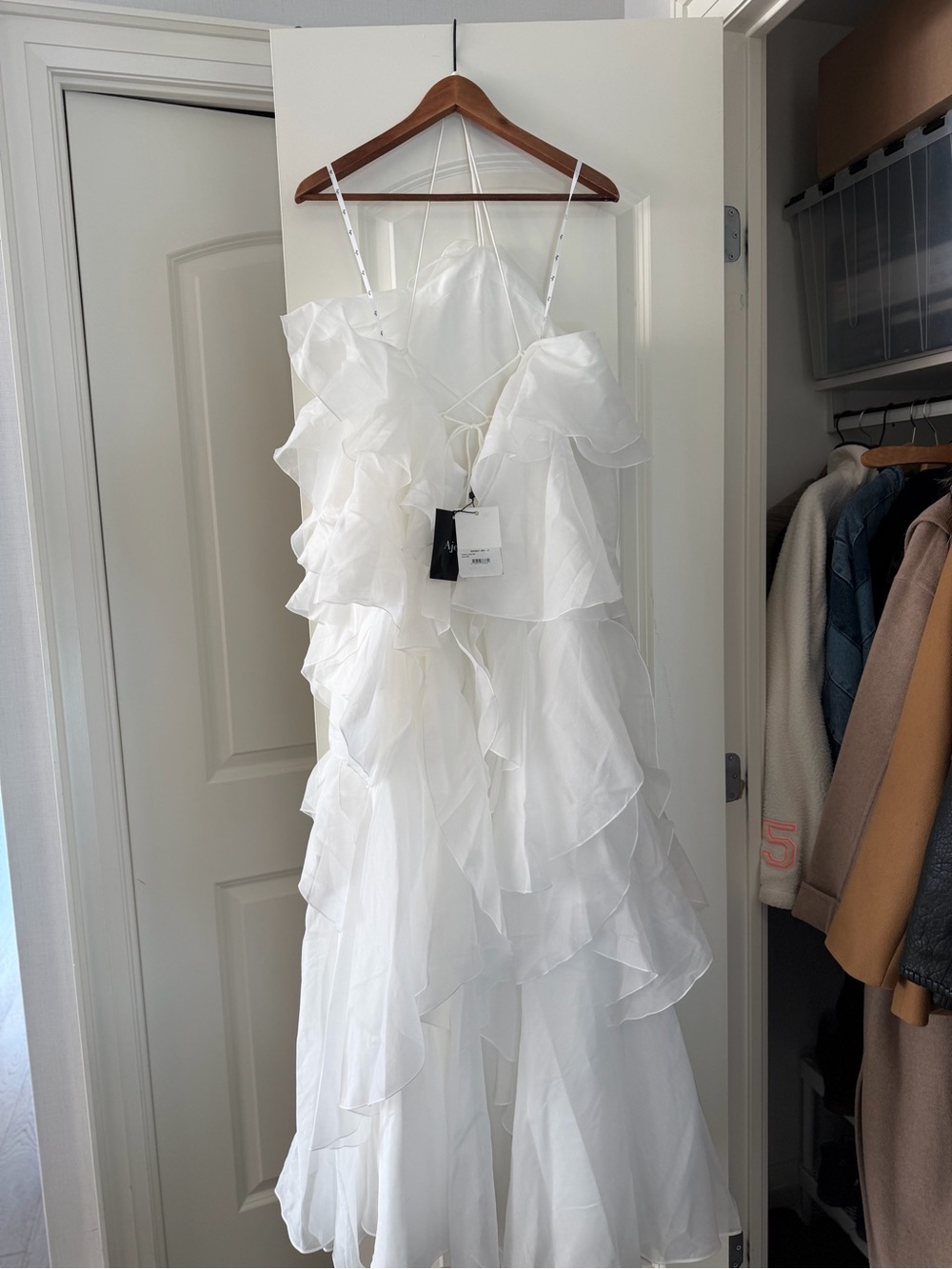 AJE White Ruffled Layered Maxi Dress with Spaghetti Straps